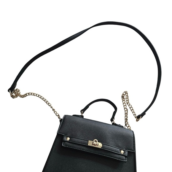 Black Structured Crossbody Bag with Gold Chain Strap & Top Handle Purse - Picture 3 of 8